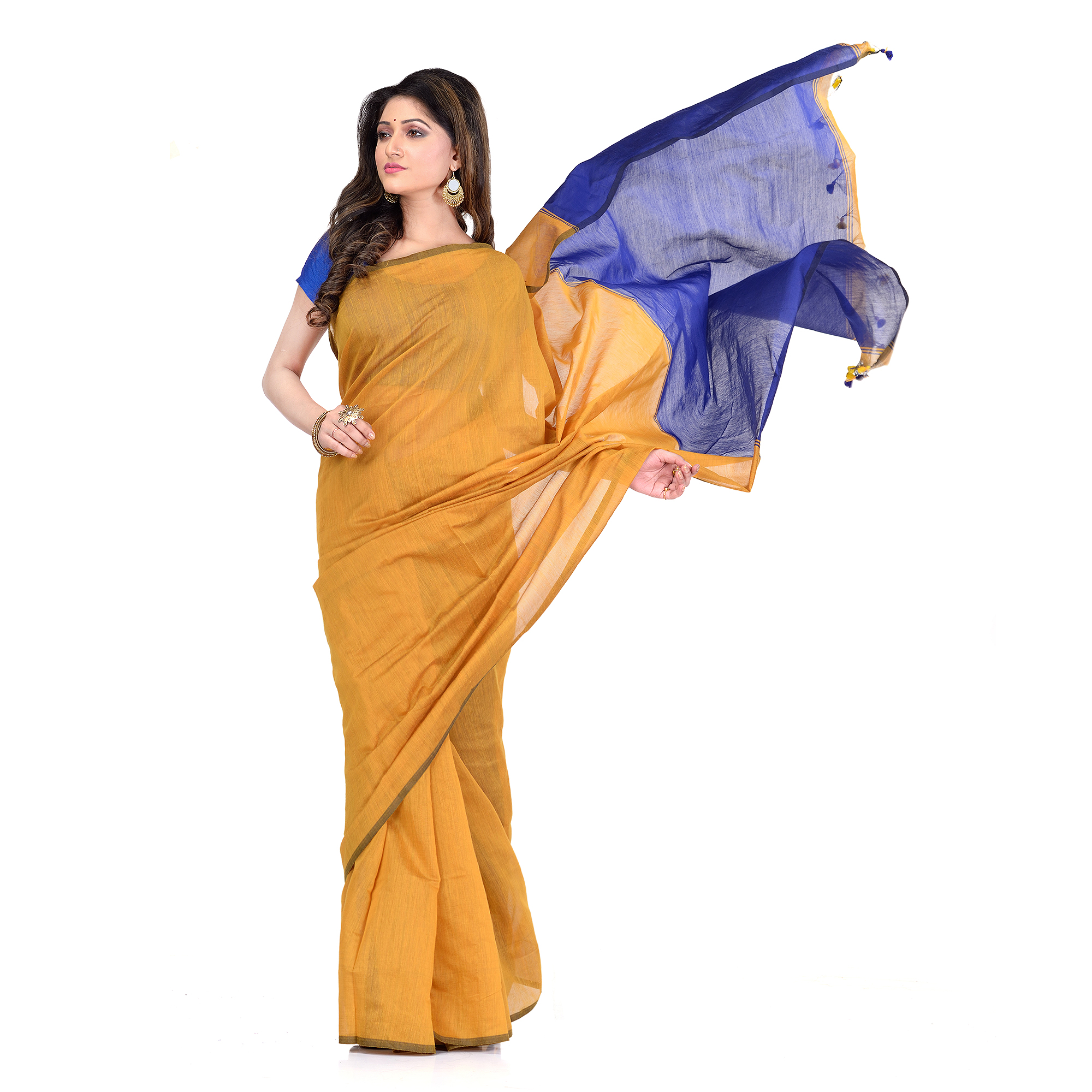 Bengal Half Half Ghicha Handloom Cotton Silk Saree With Blouse Piece (Mustard Yellow Blue)